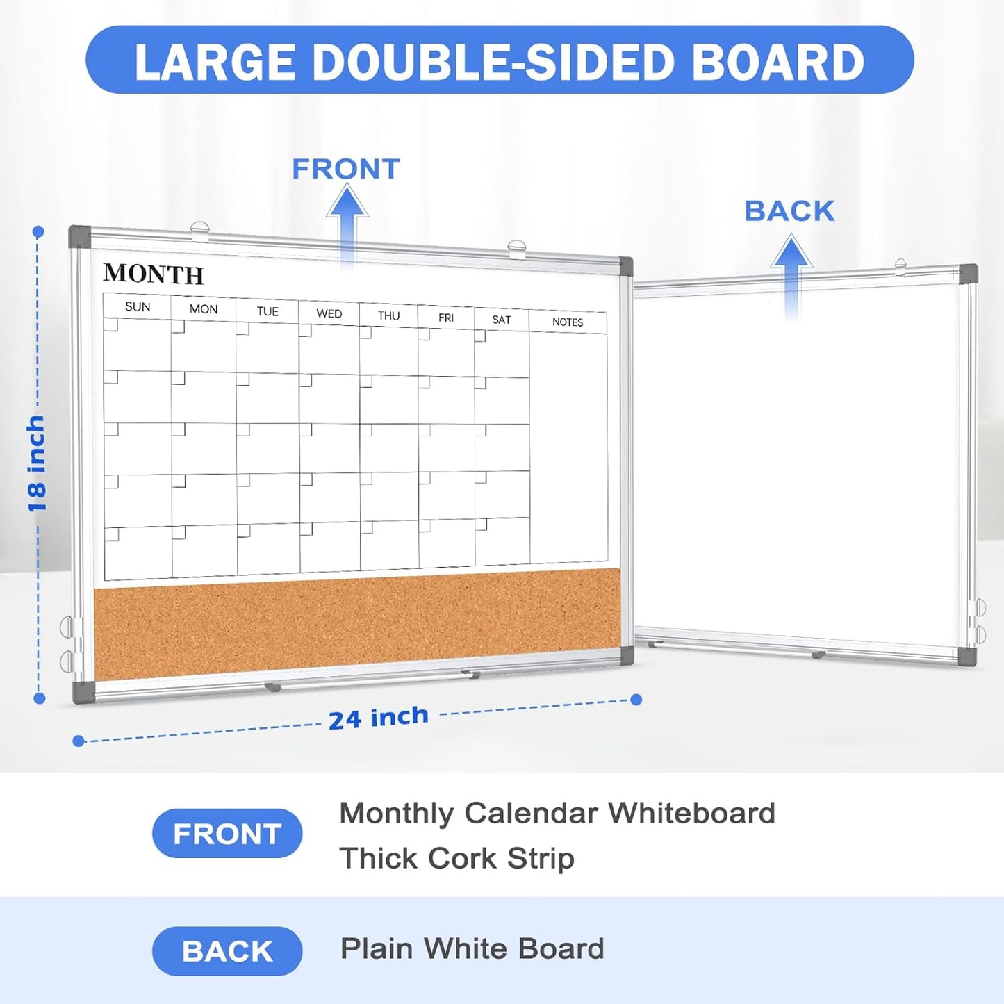 Weekly Dry Erase Calendar Whiteboard for Wall, 24" x 18" Double-Sided Weekly Planner White Board Cork Combo, Hanging & Wall Mount Week Bulletin Board with Notes for Home, Office, School, Kitchen