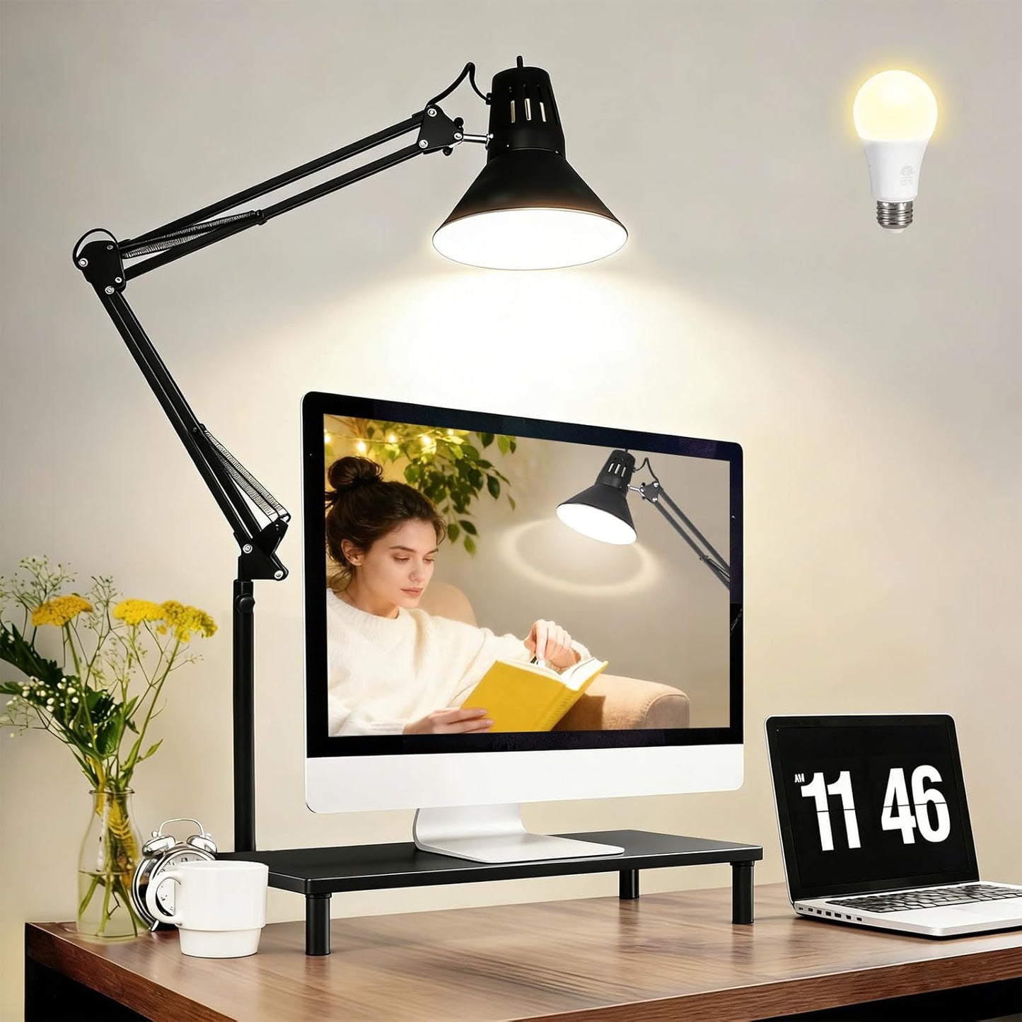 Desk Lamp With Clamp for Home Office, Eye-Caring Clip on Light with Adjustable Extra Tall Metal Swing Arm, High Intensity Clamp Lamp w/LED Bulb, Architect Task Table Lamps for Study, Workbench-B/5000k