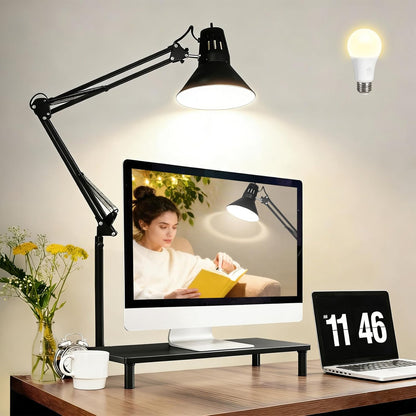 Desk Lamp With Clamp for Home Office, Eye-Caring Clip on Light with Adjustable Extra Tall Metal Swing Arm, High Intensity Clamp Lamp w/LED Bulb, Architect Task Table Lamps for Study, Workbench-B/5000k