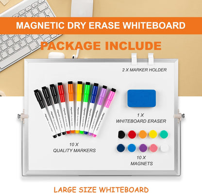 Dry Erase White Board, Aisuoker 16 x 12inch Magnetic Desktop Whiteboard with Stand,10 Markers, 10 Magnets and 1 Eraser, Portable Double-Sided White Board for Kid Drawing Memo to Do and List Wall-White