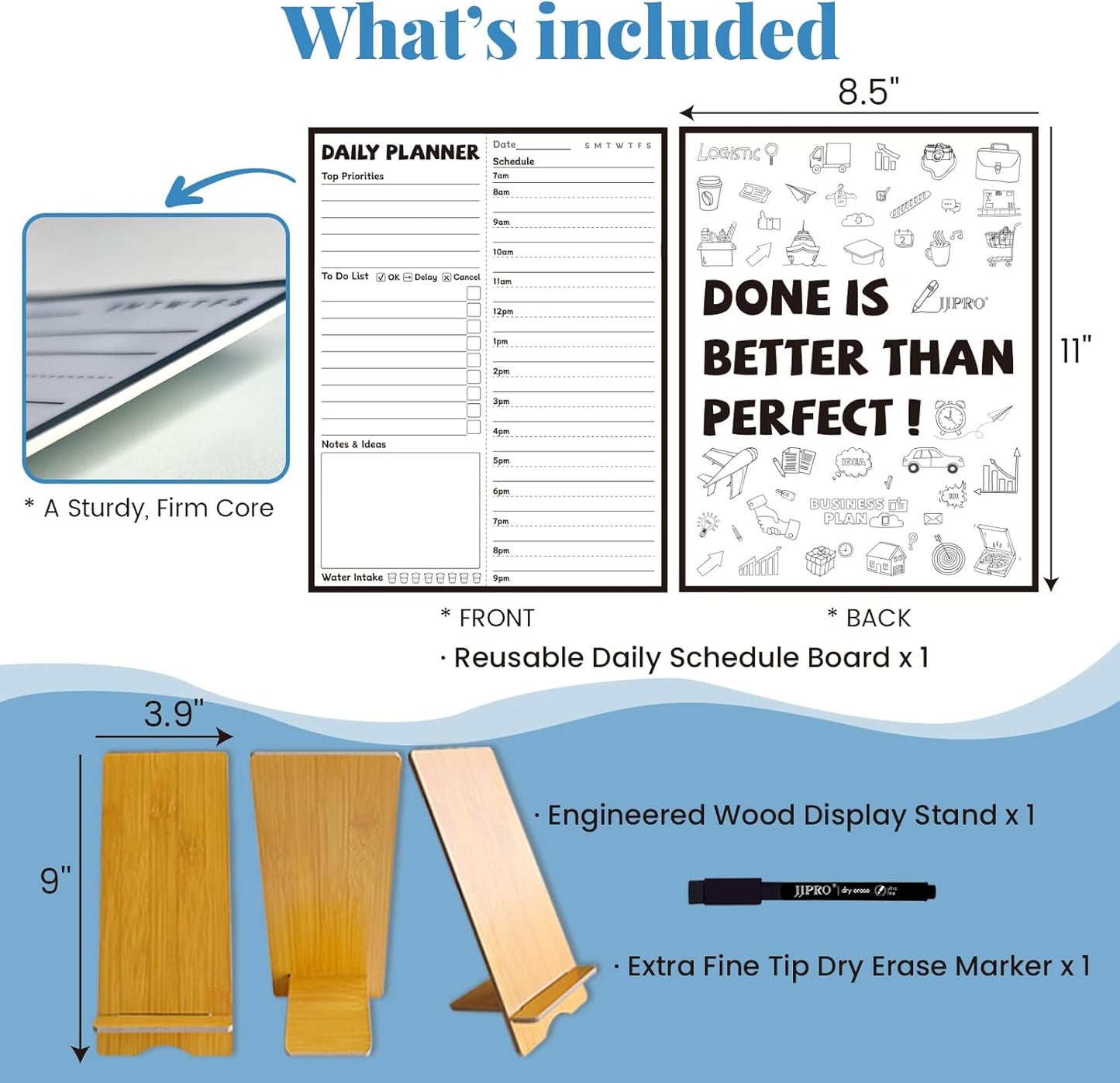 JJPRO Reusable Desktop Daily Planner with Stand,Reusable Time Schedule Board,11"x8.5" Hourly Schedule Dry Erase Board with Time Slots,Desk Hourly Dry Erase Board with Engineered Wood Stand for Office