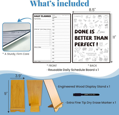 JJPRO Reusable Desktop Daily Planner with Stand,Reusable Time Schedule Board,11"x8.5" Hourly Schedule Dry Erase Board with Time Slots,Desk Hourly Dry Erase Board with Engineered Wood Stand for Office
