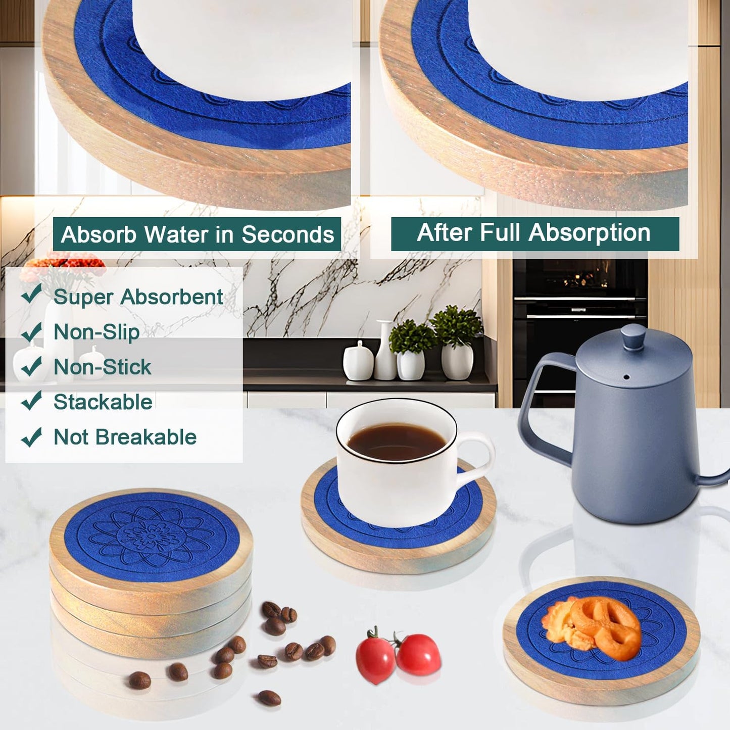 Wood Coasters for Drinks, Minacun Absorbent Coaster Sets of 5, Drinks Coasters for Coffee Tabletop Protection, Non-Slip, Non-Stick, Suitable for Kinds of Cups Wooden Table Drink, 4.3 Inches Black
