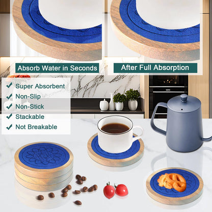 Wood Coasters for Drinks, Minacun Absorbent Coaster Sets of 5, Drinks Coasters for Coffee Tabletop Protection, Non-Slip, Non-Stick, Suitable for Kinds of Cups Wooden Table Drink, 4.3 Inches Black