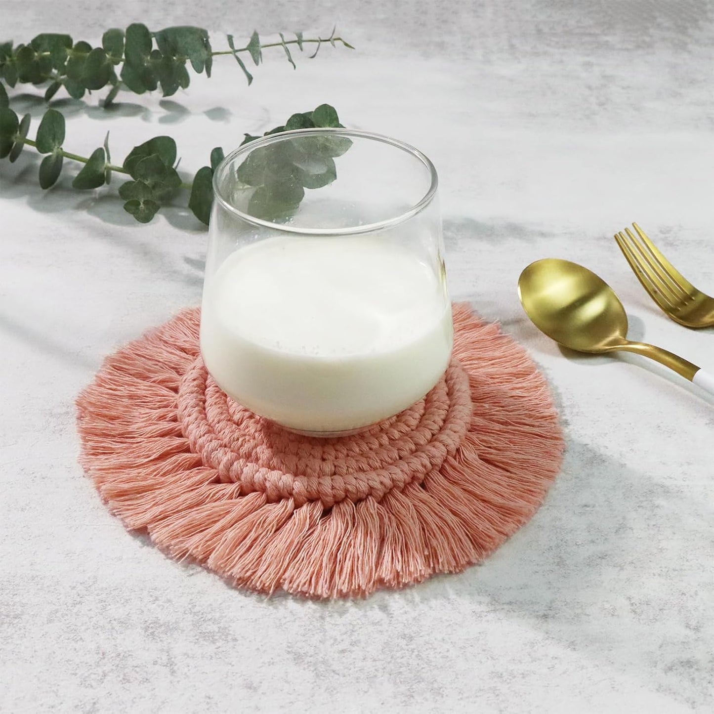 7.4in Boho Coasters for Drinks, Handmade Woven Absorbent Coasters for Desk, Farmhouse Cute Coaster for Mugs Cups - Gifts for Women, Beige