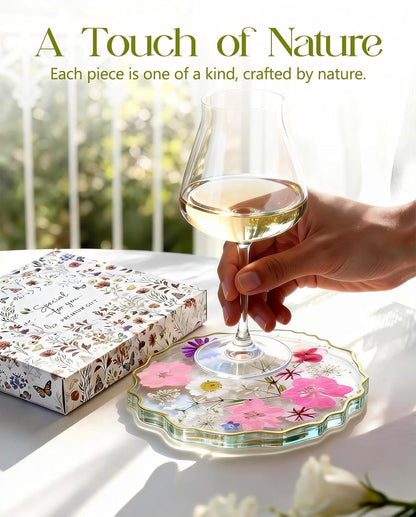 Oqplog Resin Drink Coaster for Desk Coffee Table-Pink White Cute Dried Flowers Cup Coaster for Work Office Home Outdoor Decor Gifts for Girls Women,1 Pcs Wave