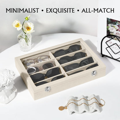 Emibele Glasses Organizer Jewelry Tray, 8 Grids with Clear Lid Velvet Tray Watch Storage Stackable Jewelry Showcase Display Storage with Detachable Inner Dividers, Beige