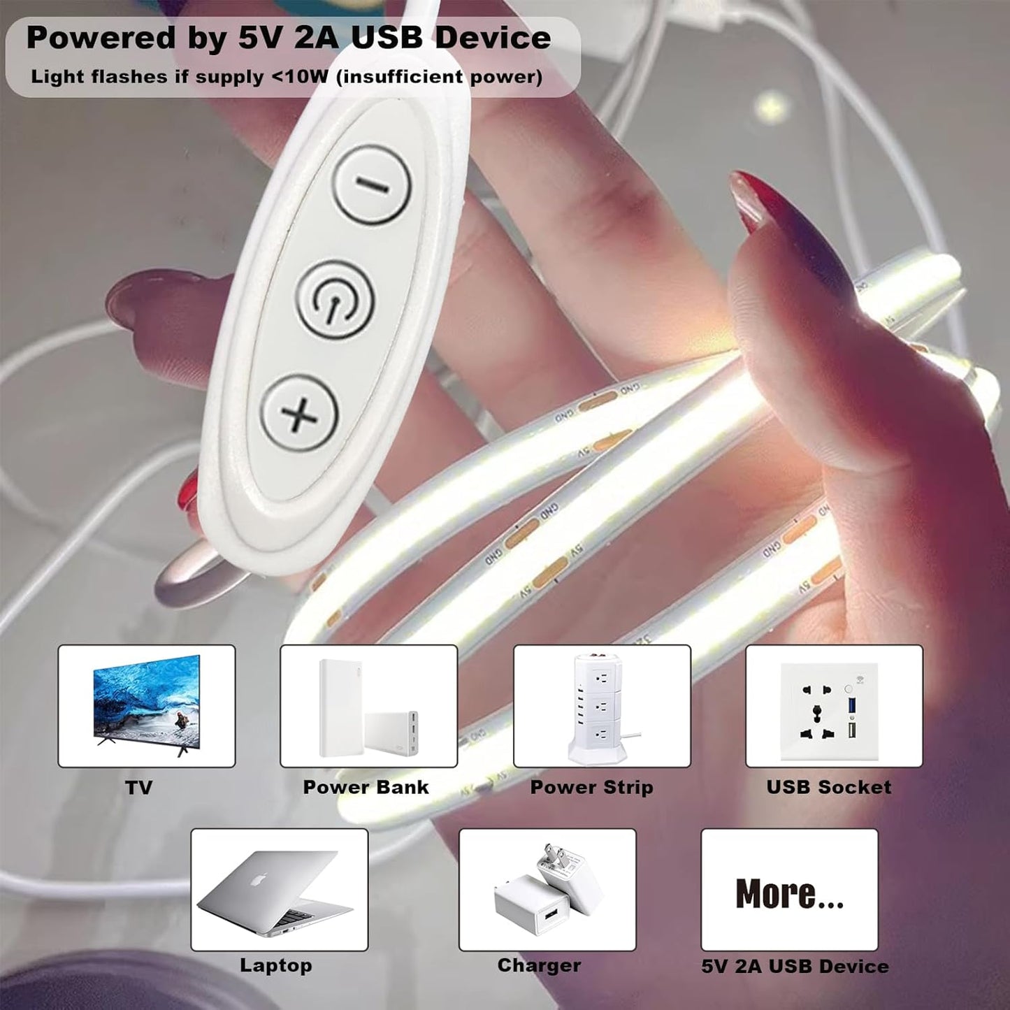 USB Light Strip Warm White 3000K CRI 92+ Small Dimmable COB LED Strip Light Cuttable 5V USB Powered 6 ft 10W for TV Backlight Cabinet Bedroom Indoor DIY Lighting Project