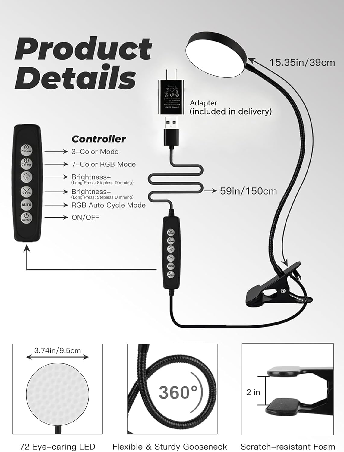 Clip on Light,10 RGB Colors+10 Brightness Clip on Desk Lamp with Clamp, 500 Lumen Bright 72 LED Desk Light, USB Adapter Reading Lights for Books in Bed/Headboard/Bedside Table/Bedroom/Dorm/Home Office