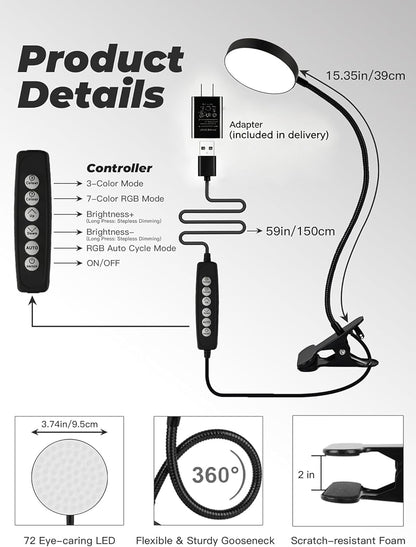 Clip on Light,10 RGB Colors+10 Brightness Clip on Desk Lamp with Clamp, 500 Lumen Bright 72 LED Desk Light, USB Adapter Reading Lights for Books in Bed/Headboard/Bedside Table/Bedroom/Dorm/Home Office