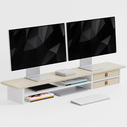FENSULN Dual‑Tier Monitor Stand Riser with Drawers, Desktop Organizer Shelf Storage for Computer Screen 2 Monitors, Supports for PC Computer Monitor, Printer, Heavy TV Riser Brown and Black