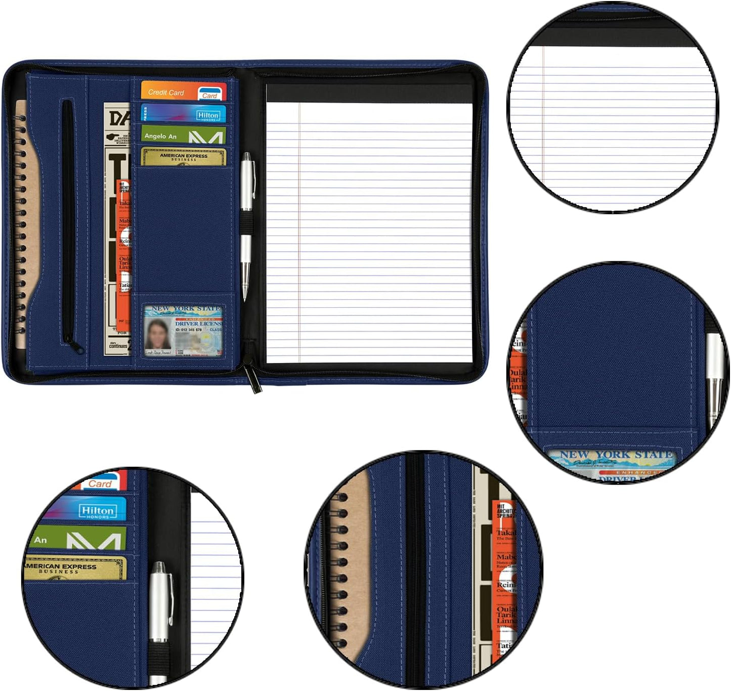 Zippered Portfolio Organizer/ A4 Refillable Lined Writing Notepad Folder Case/Fabric-Covered Padfolio Binder with Interior Storage Pocket for Men Women.Classic Black