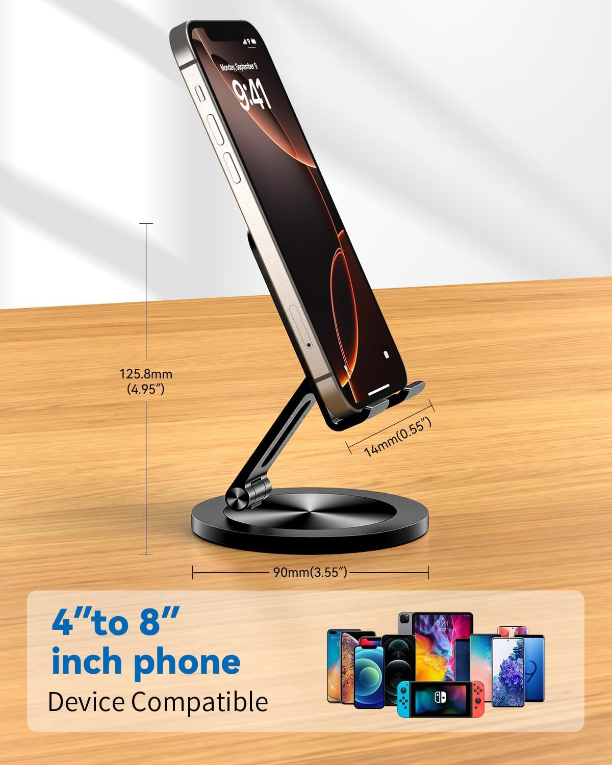Phone Stand for Desk, 360° Rotating Dual Adjustable Foldable Holder, Heavy Solid All-Aluminum Base Anti-Slip Stable Support for Home Office Study, Fits iPhone Galaxy 4-8" Phones (Silver)