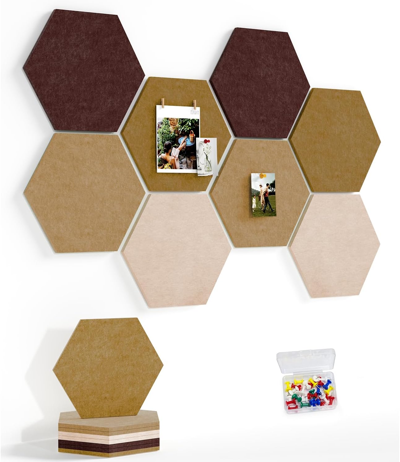 8 Pack Hexagon Felt Bulletin Board Tiles - 12" Large Thick Pin Board for Walls with 30 Push Pins, DIY Boards for Office Home School Decor, Aesthetic Hex Cork Board Alternative