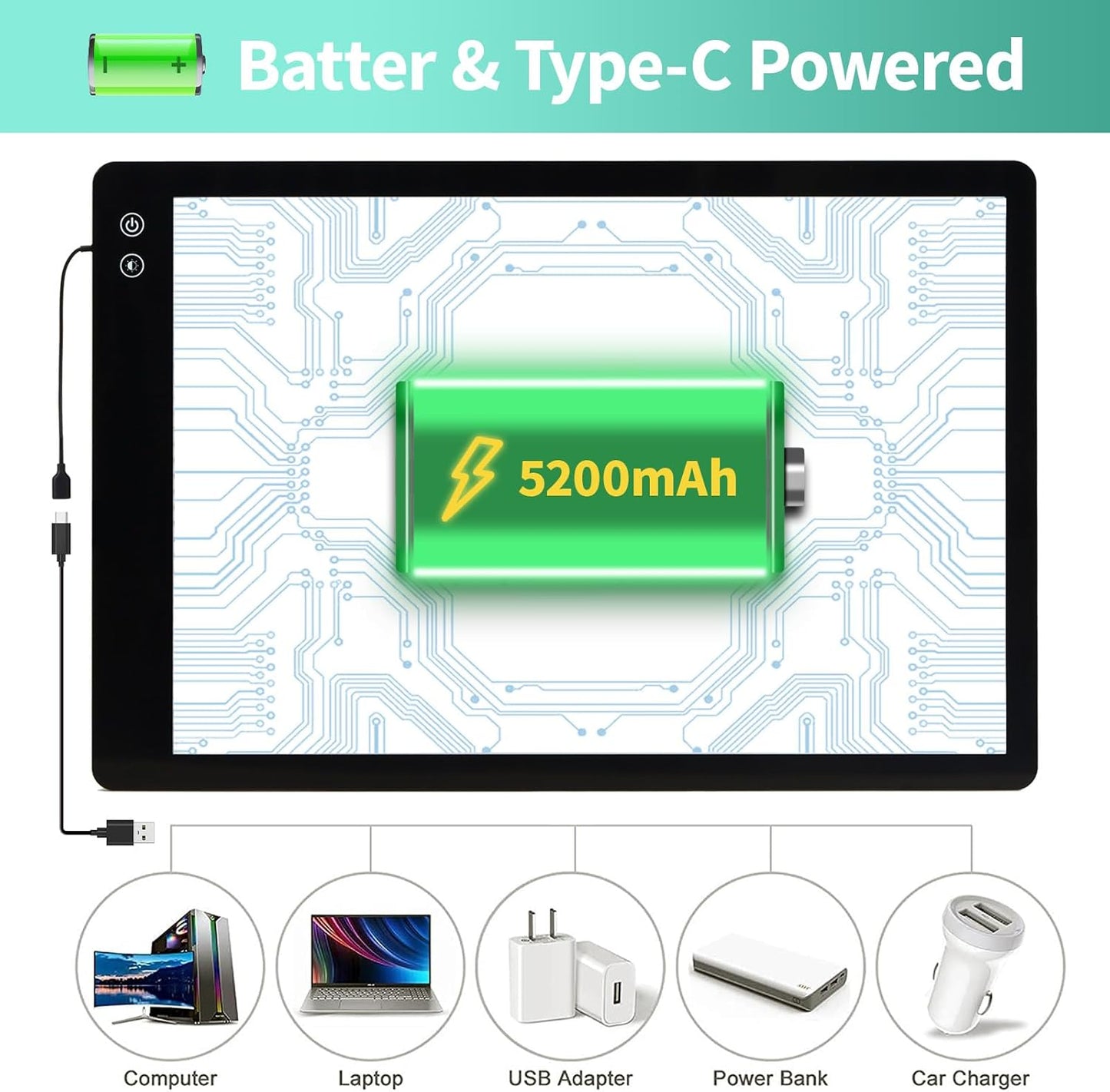 Rechargeable A4 Light Pad - Stepless Dimmable 6 Levels Brightness Tracing Light Box, Diamond Painting Light Board with Top Clip, Battery Powered Portable Light Pad for Weeding Vinyl Tracing