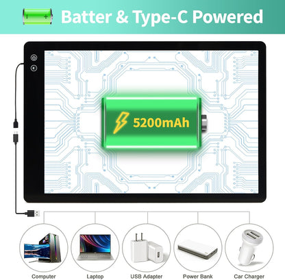 Rechargeable A4 Light Pad - Stepless Dimmable 6 Levels Brightness Tracing Light Box, Diamond Painting Light Board with Top Clip, Battery Powered Portable Light Pad for Weeding Vinyl Tracing