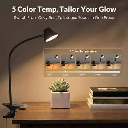 LEPOWER Clip on Light, 7W Reading Lights for Books in Bed with 5 Colors & Stepless Dimming, RG0 Eye-Care, Amber Glow Light & Auto Timer, Strong Clamp with Adapter for Headboard, Bedside, Desk, Black