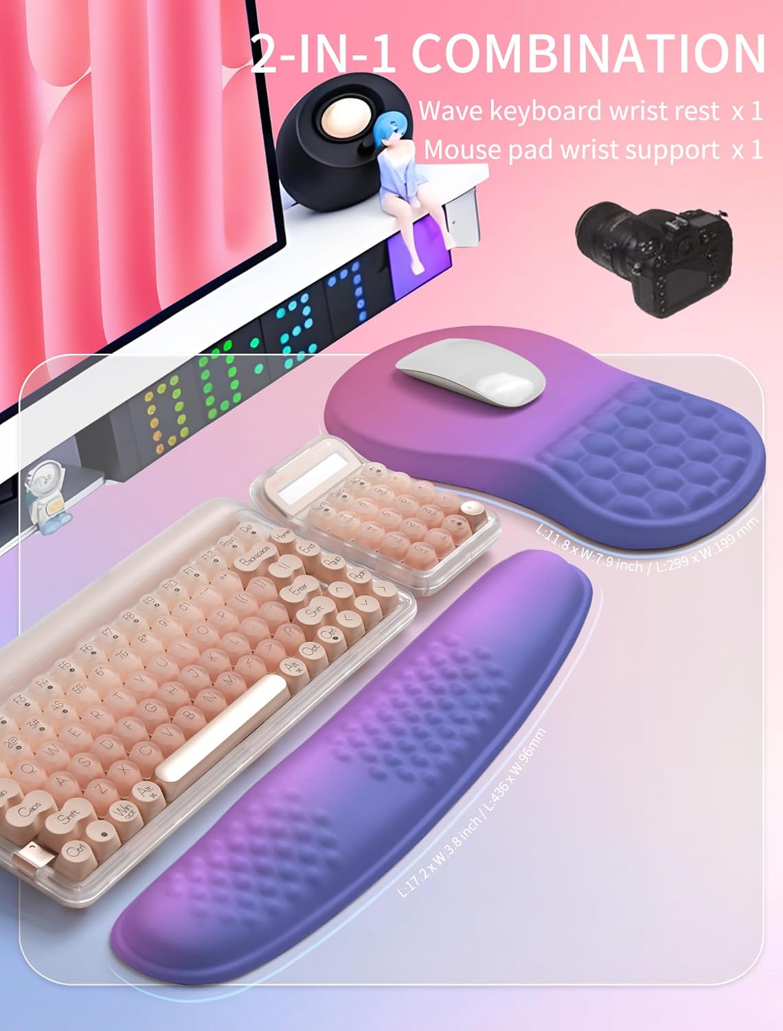 Hokafenle 2in1 Combination, Wave Keyboard Wrist Rest and Ergonomic Curvature Mouse Pad Wrist Support for Relieve Wrist Pain, Filled with Soft Cushion Memory Foam, Black