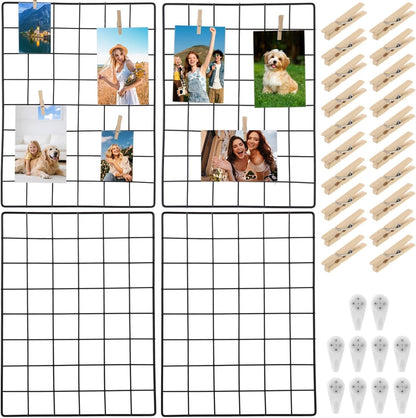 Lnrueg Wire Wall Grid Panel with Wall Grid Shelf with Photo Frames for Photo Display, Metal Mesh Message Board Memo Boards, Heavy Duty Gridwall Display Rack for Art Retail Display (Black-A)