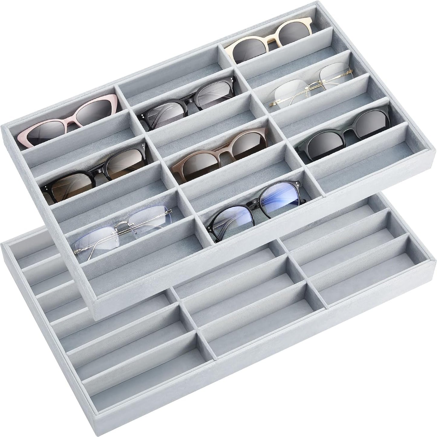 Amylove 2 Pcs Sunglass Organizer Trays Glasses Stackable Jewelry Trays Sunglass Organizer Display Box(8 Grids,Beige)