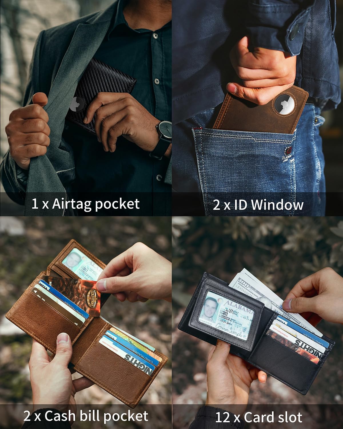 Mens Wallet With AirTag Holder, Bifold Leather RFID Blocking 1-2 ID Windows 12-13 Card Holders, Gift Box and Screen Protector Included, AirTag Not Included