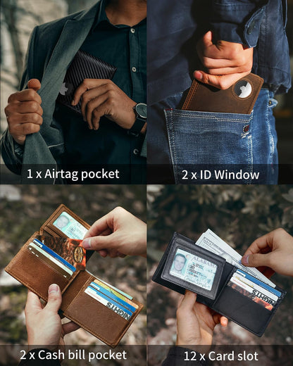 Mens Wallet With AirTag Holder, Bifold Leather RFID Blocking 1-2 ID Windows 12-13 Card Holders, Gift Box and Screen Protector Included, AirTag Not Included