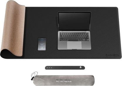 Chihein 2XL 35" x 16" Cork & PU Leather Desk Mat, Dual Sided Desk Pad Protector, Waterproof Writing Blotter for Gaming, Office, Home (Black)