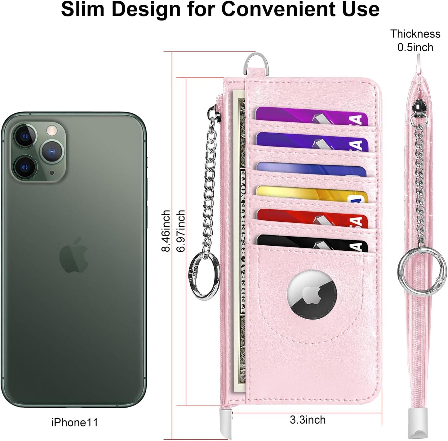 RFID Blocking Slim Credit Card Holder Wallet with Zipper Money Pocket & Keychain, Slim Airtag Wallet for Men Women