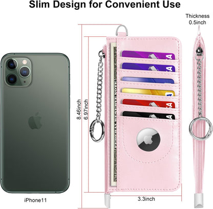 RFID Blocking Slim Credit Card Holder Wallet with Zipper Money Pocket & Keychain, Slim Airtag Wallet for Men Women
