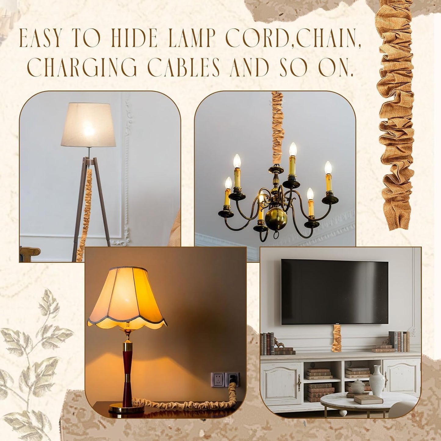 HunnmingRe 2 Pack 6ft Fabric Cord Cover for Chandelier Chain Sleeve, Imitation Jute with Hook and Loop Closure, Cable Management for Electrical Wires, Lamp and Swing Chain Cover for Home Decor