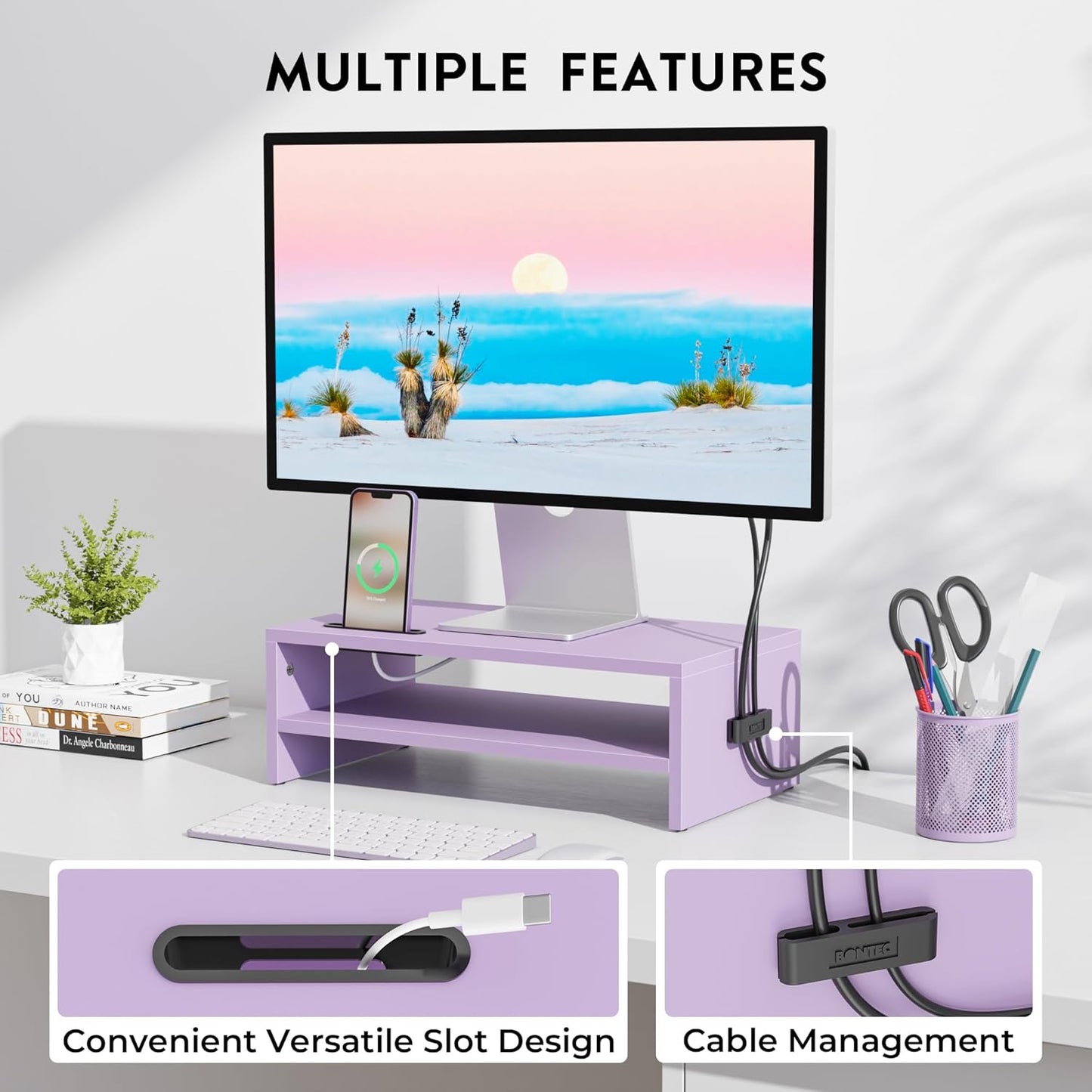 BONTEC Wooden Monitor Stand Riser for Desk, 2-Tier Computer Monitor Stand with Storage, 66 lbs Desk Shelf Organizer, Laptop & Printer Stand with Phone Holder and Cable Management, White, 16.5 Inch