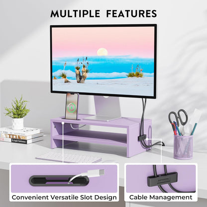 BONTEC Wooden Monitor Stand Riser for Desk, 2-Tier Computer Monitor Stand with Storage, 66 lbs Desk Shelf Organizer, Laptop & Printer Stand with Phone Holder and Cable Management, White, 16.5 Inch