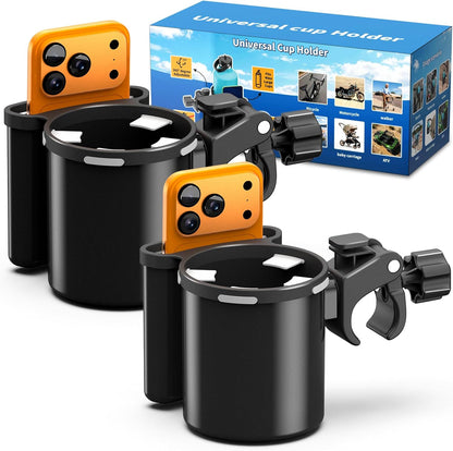 Universal Clamp-on 2-in-1 Cup Holder & Phone Holder for Stroller, Walker, Wheelchair, Fits 12oz-40oz Drinks, Multifunctional Storage Organizer, Pack of 2