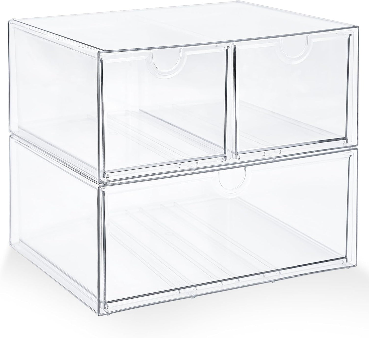 Prsildan Acrylic Drawer Makeup Organizer with 6 Drawers (Not for Baby Bottle), Set of 2 Office Desk Organizers Accessories, Clear Stackable Storage Drawers for Vanity, Craft (Largest Drawer 4" Tall)