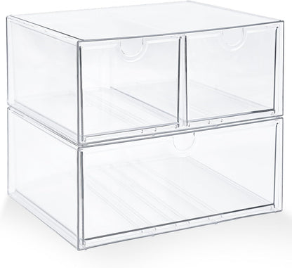 Prsildan Acrylic Drawer Makeup Organizer with 6 Drawers (Not for Baby Bottle), Set of 2 Office Desk Organizers Accessories, Clear Stackable Storage Drawers for Vanity, Craft (Largest Drawer 4" Tall)