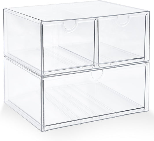 Prsildan Acrylic Drawer Makeup Organizer with 6 Drawers (Not for Baby Bottle), Set of 2 Office Desk Organizers Accessories, Clear Stackable Storage Drawers for Vanity, Craft (Largest Drawer 4" Tall)