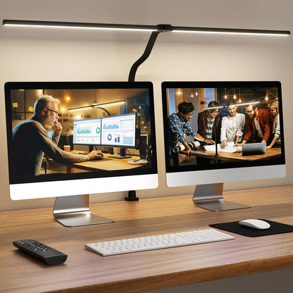 LED Desk Lamp with Base - Bright Dimmable Computer Lamp with Phone Holder, 24W Bendable Desk Light for Monitor Screen, Eye-Caring Tall Desktop Light for Task Home Office Work, Black, Dual Head