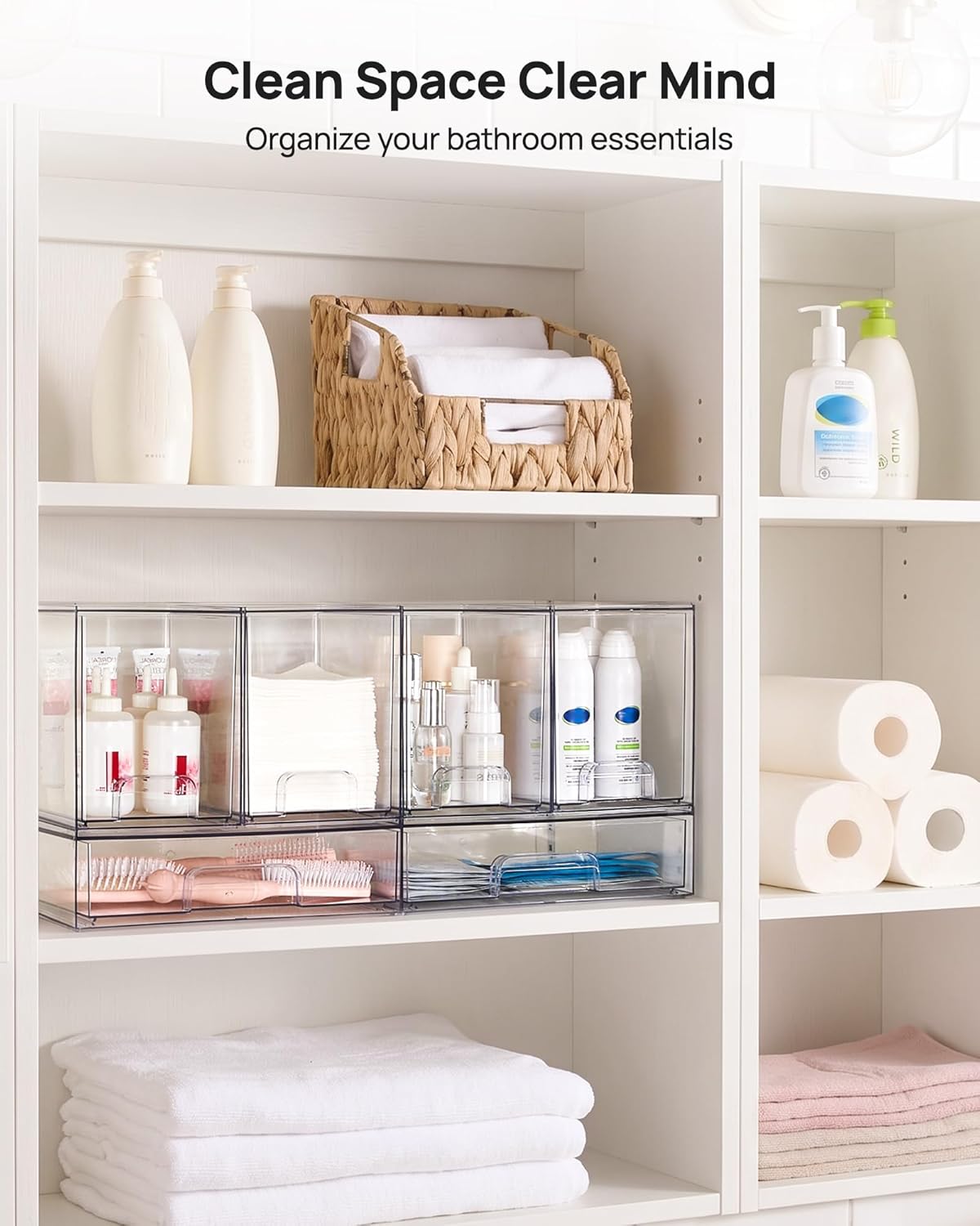 Vtopmart Stackable Storage Drawers Set of 3,Clear Plastic Organizer Bins for Makeup, Cosmetics, Beauty Supplies,Ideal for Vanity, Bathroom,Cabinet,Pantry Organization