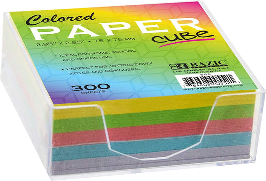 BAZIC Products Color Paper Cube with Durable Tray, Assorted Color Mini Memo Papers & Notepad Reminders for Home, School, Office Use, 3" x 3" 300 Count/Pack, 1-Pack