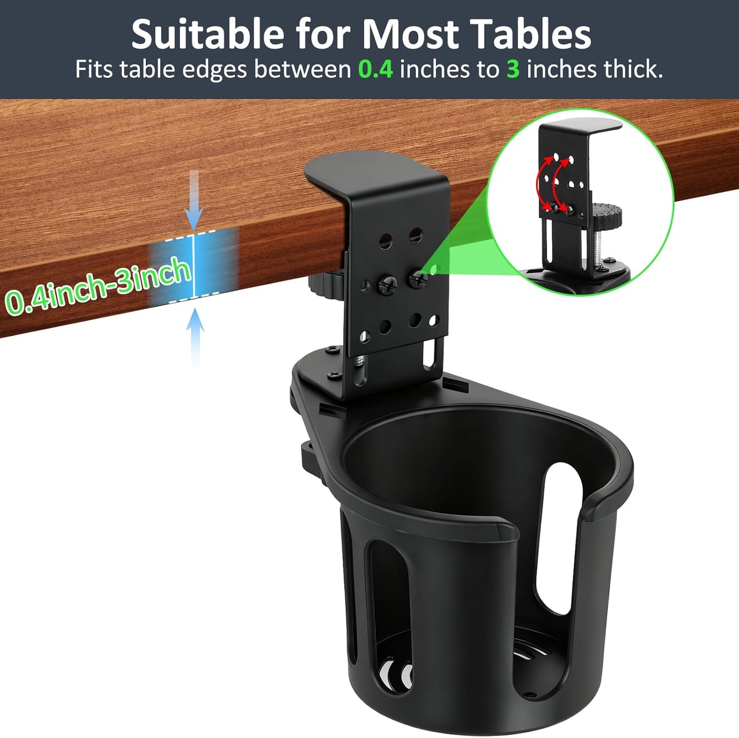 MYITYARD Desk Cup Holder Clamp, Anti-Spill Clip On Table Cup Holder, Rotatable Water Bottle Stand Drink Coffee Mug Storage, Office Accessories for Home and School (Black)