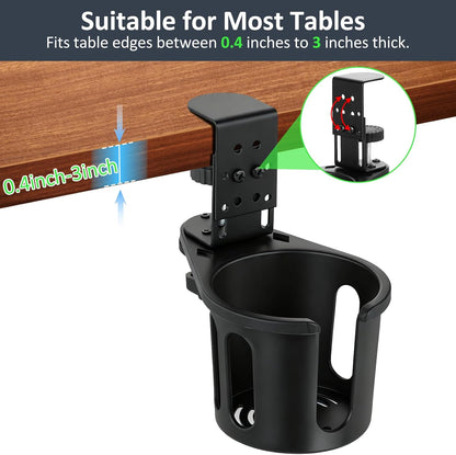 MYITYARD Desk Cup Holder Clamp, Anti-Spill Clip On Table Cup Holder, Rotatable Water Bottle Stand Drink Coffee Mug Storage, Office Accessories for Home and School (Black)