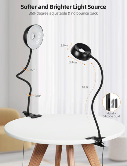 LiFMIRA Reading Light for Beds Headboards, Clip on Light LED Reading Book Light with Clamp Eye-Friendly Desk Lamp 3 Color Modes & 10 Brightness Flexible Reading Lights for Books in Bed Bedside Black