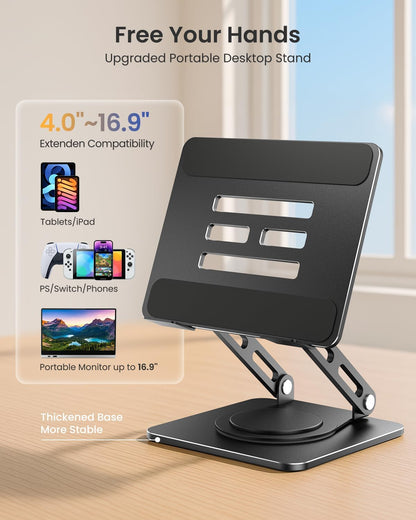 LOXP Adjustable Tablet Stand, 360 Rotating iPad Stand with Heavy-Duty Base, Tablet Holder Compatible with 4.7-16.9" Device, iPad Pro Air Mini, Kindle, Surface Tablet, Portable Monitors - Black