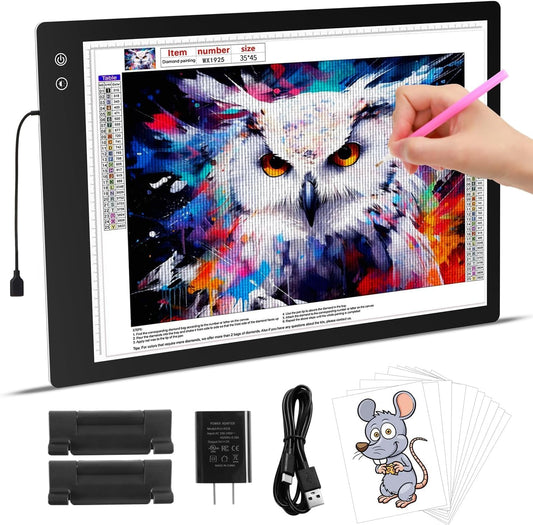 Rechargeable A2 Light Pad for Diamond Painting, 3 Colors High Bright Tracing Light Box with 6 Levels/Stepless Dimming, Fast Charging Adapter & 5555Lux, Large Drawing Light Board for Sketching