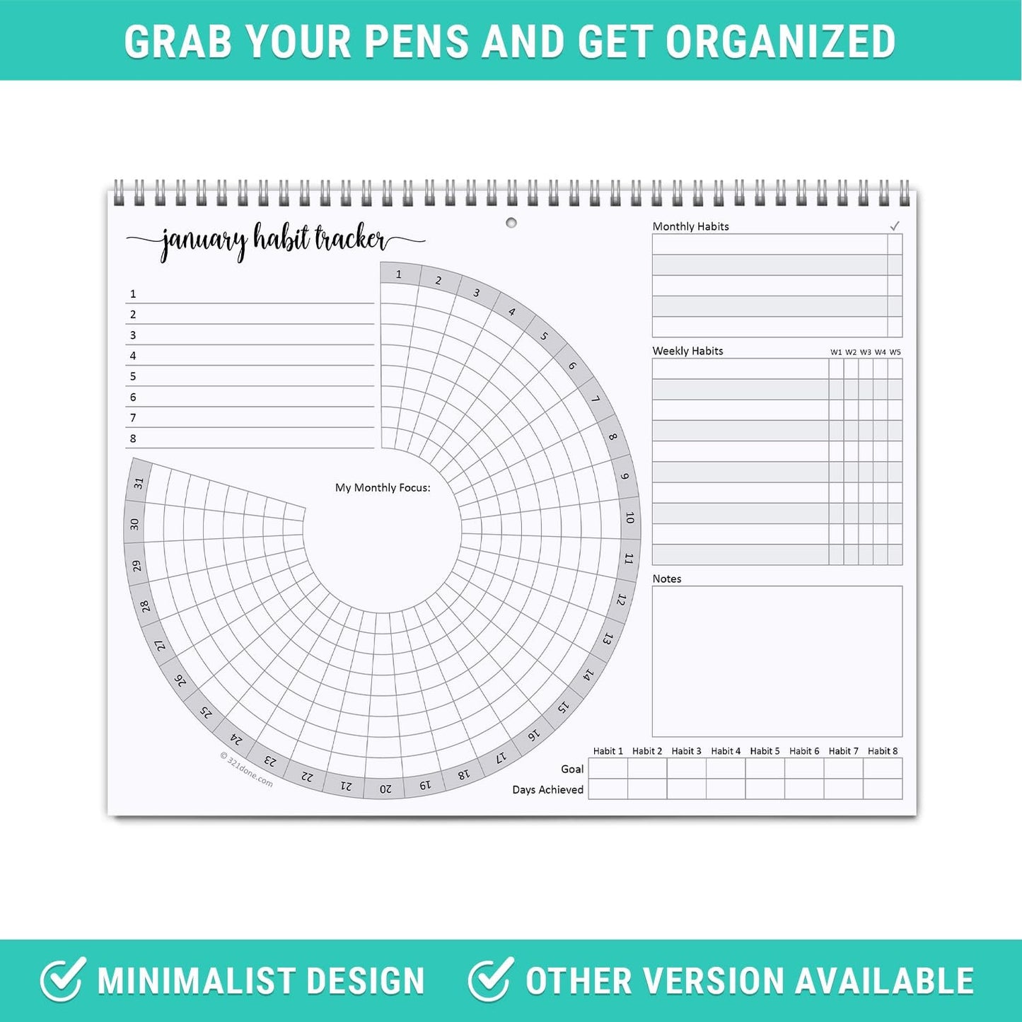 321Done Habit Tracker Calendar, Made in USA - 12 Months Wall Hanging Productivity Journal 8.5x11, Spiral Binding Undated Motivational Monthly Planner to Track Habits and Goals