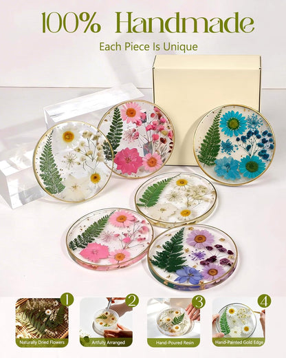 Oqplog Resin Drink Coaster for Desk Coffee Table-White Cute Dried Flowers Cup Coaster for Work Office Home Outdoor Decor Gifts for Girls Women,1 Pcs