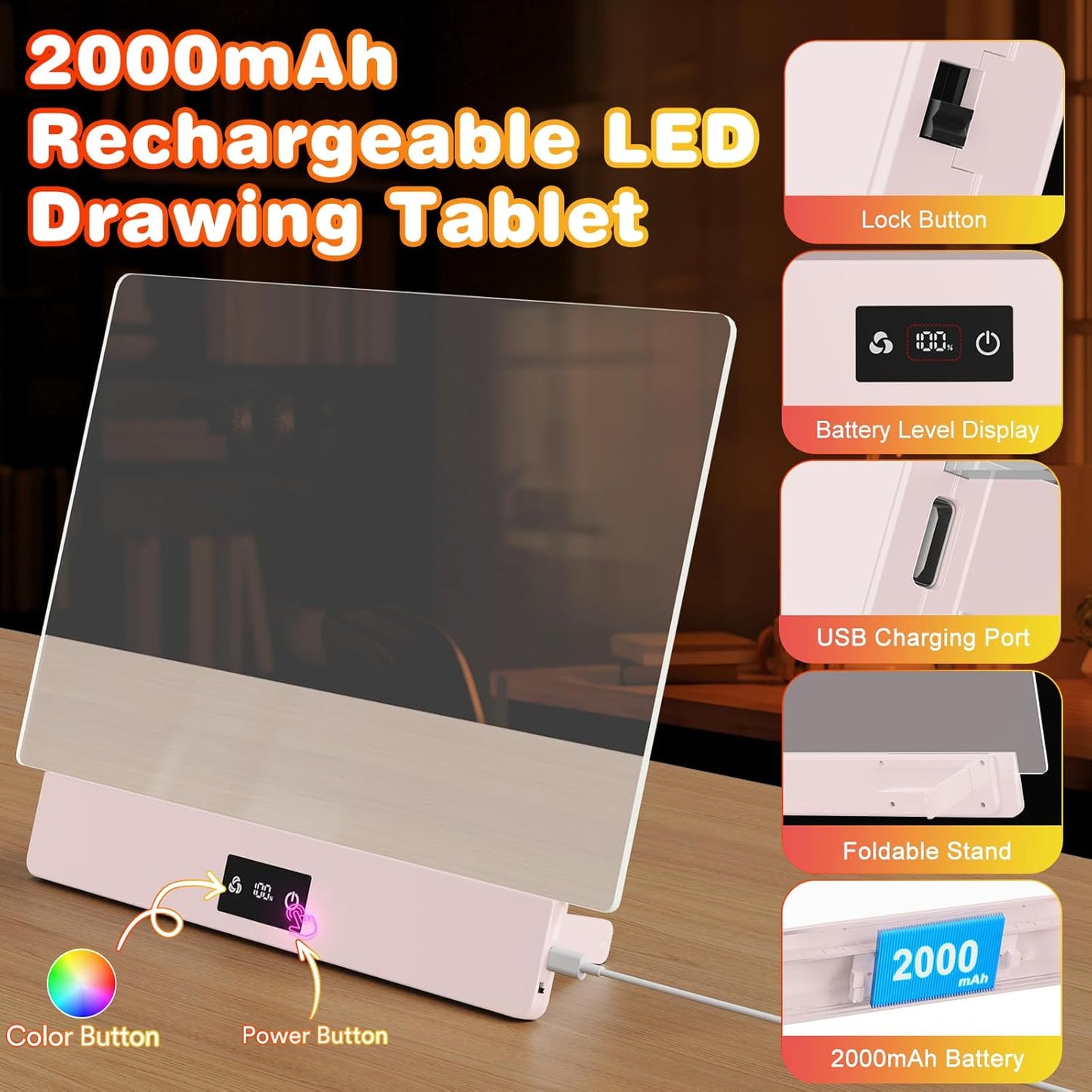 16" LED Drawing Board for Kids, USB-C Rechargeable Neon Glow Pad for Tracing & Creative Play,2000mAh Battery with 72h Runtime, Anti-Scratch 5H Acrylic Surface,7 Markers & A4 Tracing Paper Kit