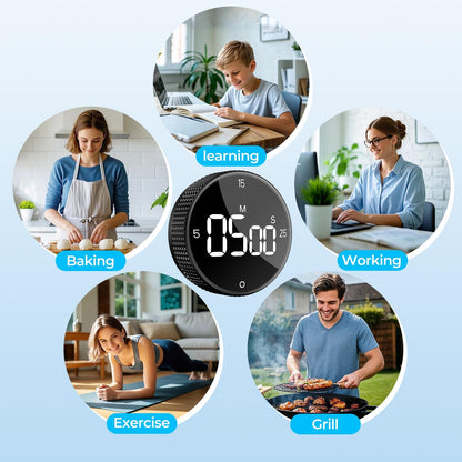 Digital Kitchen Timer with Magnetic, Large LED Display Countdown/Countup Timer, Pomodoro Preset 5/15/25 Mins, Volume & Brightness Adjustable for Cooking Baking Working Studying Silver