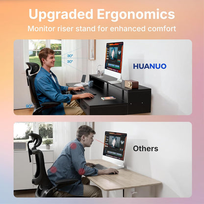 HUANUO 55″ x 26″ Electric Standing Desk with 2 Drawers &24.4″ Large Keyboard Tray, C-Clamp Mount Compatible, Adjustable Computer Desk for Office, Sit Stand Up Desk with 4 Height Presets, Light Walnut