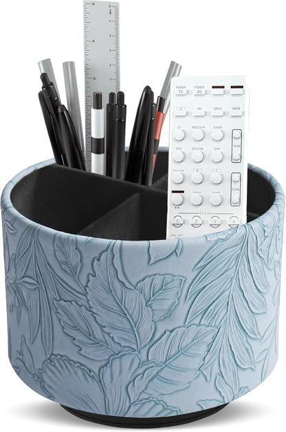 Round Leather Art Supply Organizer,Remote Control Holder,360 Degree Rotating,Multi-Functional Pencil Holder,4 Compartments Desktop Stationary Organizer(1-Fractal Flower) | Round - Colors B